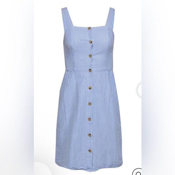 J Crew  Button Front Dress Sz 12  Seersucker Stripe White/Blue Sleeveless NWT - Picture 1 of 16